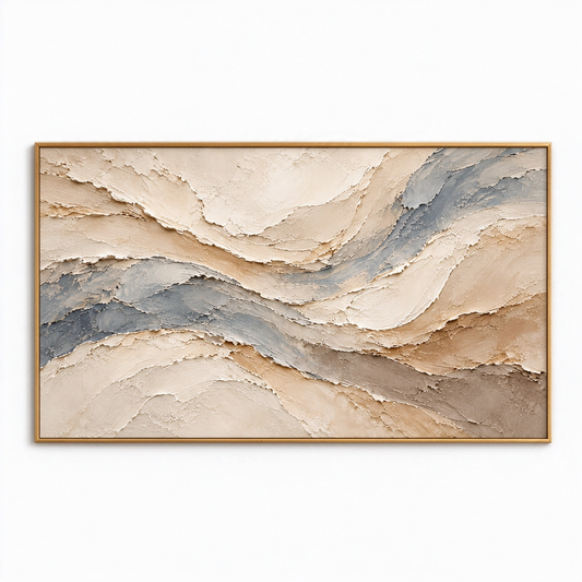 Serene River Currents 3D Textured Wall Art – Slate Blue, Sand Beige & Cream Heavy Impasto Canvas Painting, Large Horizontal Wabi-Sabi Wall Decor TEXVAS | Textured Canvas Art