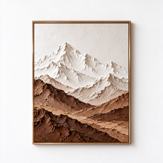 Alpine Peaks – Hand-Painted 3D Snow Mountain & Earthy Brown Textured Canvas Wall Art | Vertical Minimalist Framed Artwork TEXVAS | Textured Canvas Art