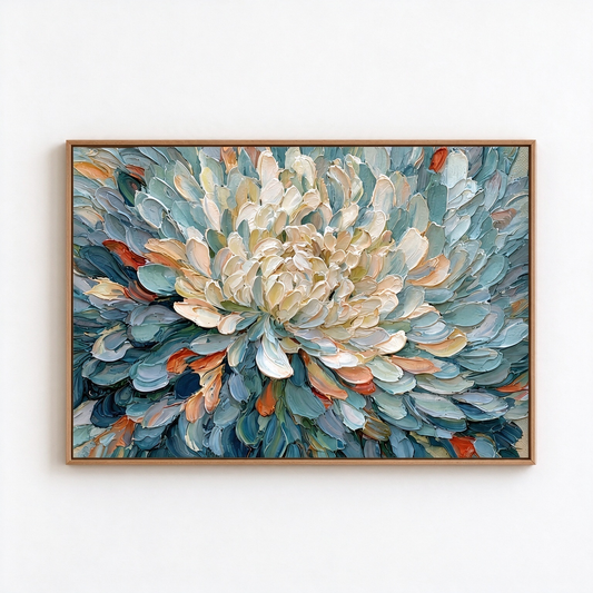 Large Horizontal 3D Textured Floral Canvas Wall Art – Hand-Painted Dusty Blue & Cream Blooming Flower Impasto Oil Painting, Palette Knife Botanical Art for Living Room Over Sofa & Bedroom Decor TEXVAS | Textured Canvas Art