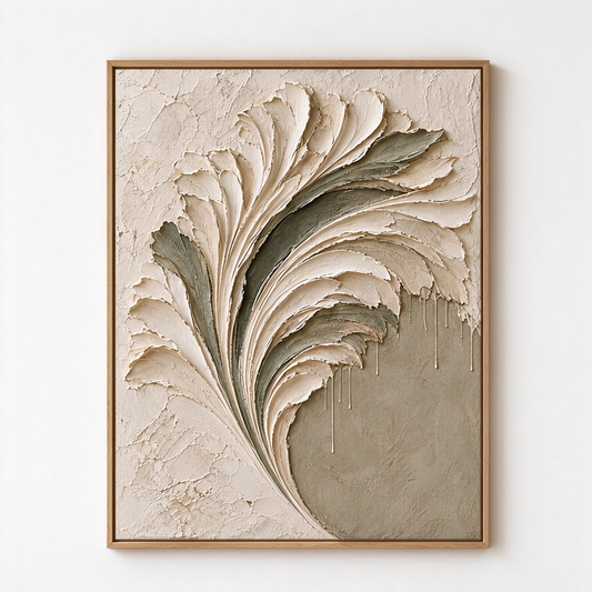 Sculptural Feather & Leaf 3D Textured Wall Art – Sage Green & Cream Impasto Canvas Art for Living Room, Botanical Wabi-Sabi Wall Decor TEXVAS | Textured Canvas Art
