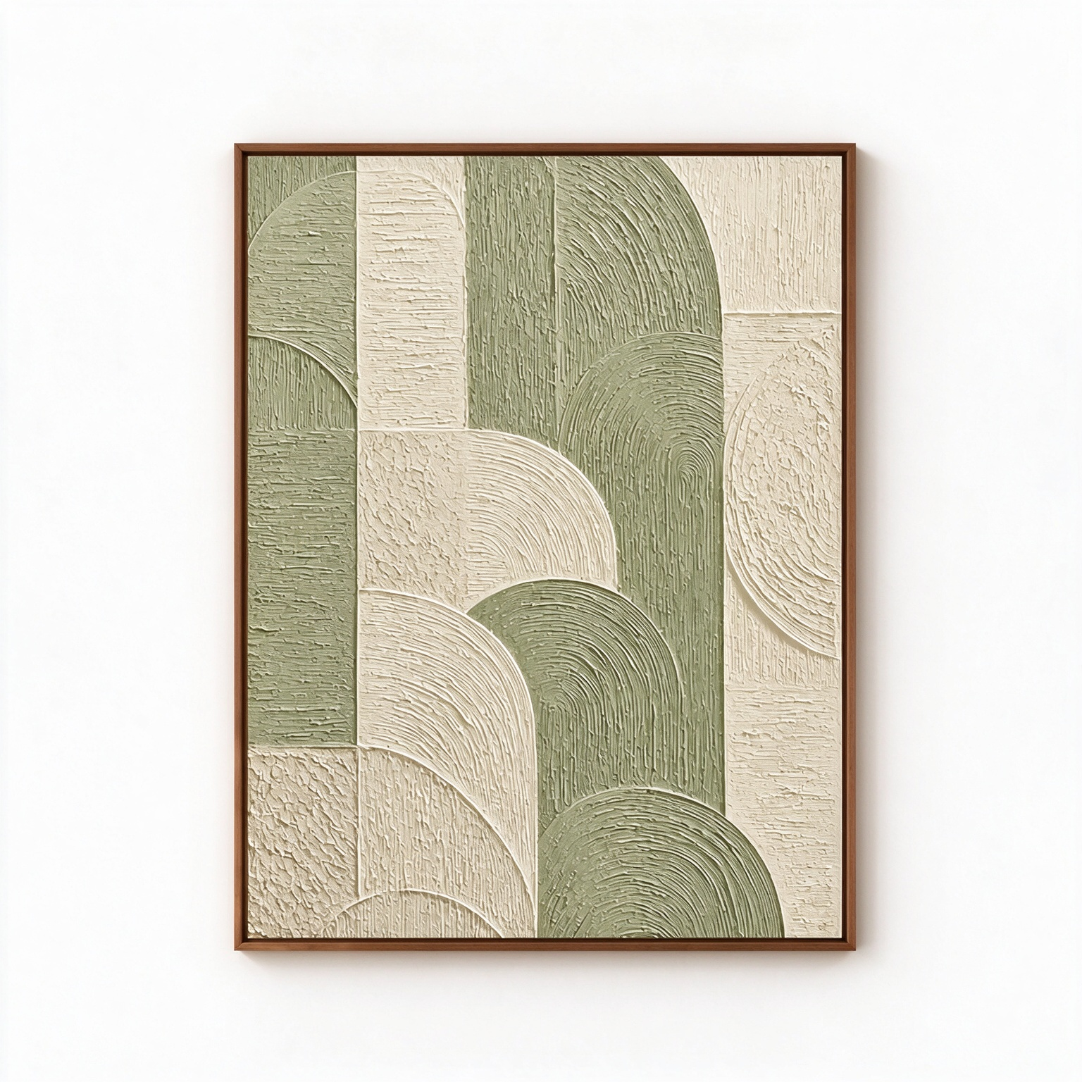 Geometric Arches Textured Wall Art - Sage Green & Cream Impasto Canvas with Curved and Linear Relief Patterns, Walnut Framed TEXVAS | Textured Canvas Art