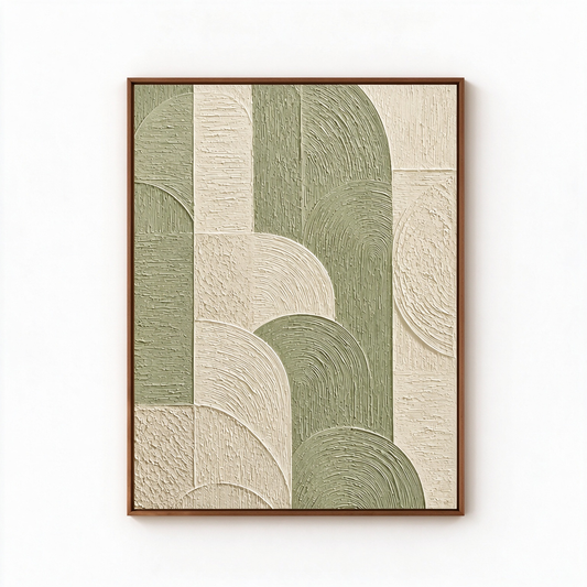 Geometric Arches Textured Wall Art - Sage Green & Cream Impasto Canvas with Curved and Linear Relief Patterns, Walnut Framed TEXVAS | Textured Canvas Art