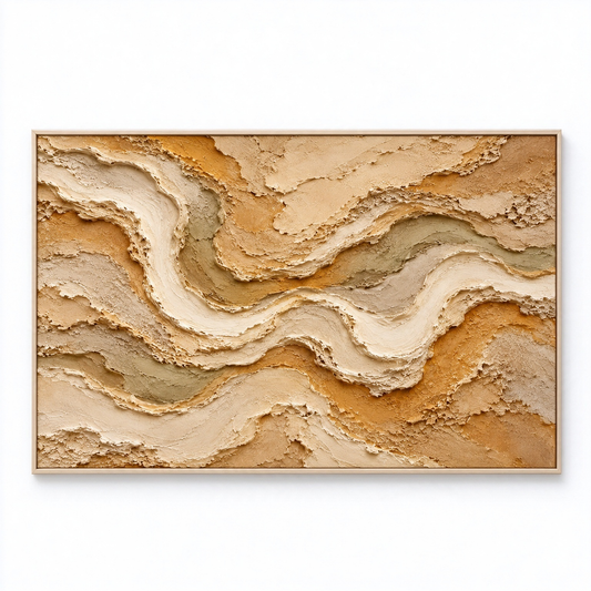 Large Horizontal 3D Textured Desert Canvas Wall Art – Hand-Painted Mustard Ochre & Earthy Beige Impasto Oil Painting, Modern Wabi-Sabi Canyon River Palette Knife Art for Living Room Over Sofa & Bedroom Decor TEXVAS | Textured Canvas Art