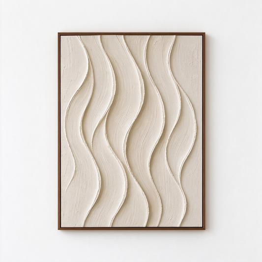 Serene Currents – Hand-Painted 3D Off-White & Beige Vertical Wave Relief Canvas Wall Art | Minimalist Wabi-Sabi Framed Artwork TEXVAS | Textured Canvas Art