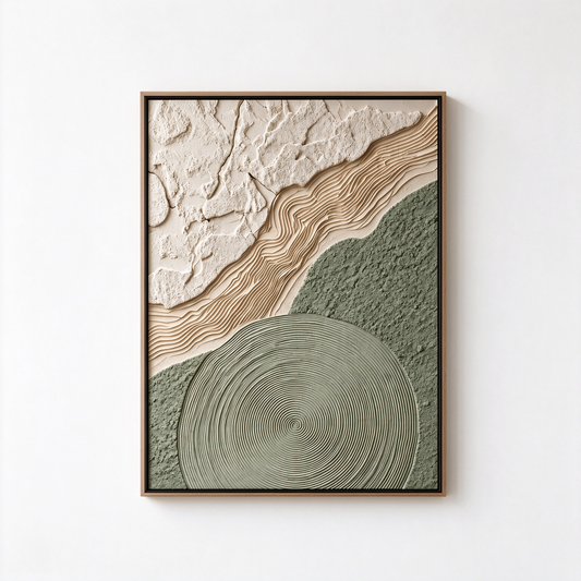 Zen Topography – Hand-Painted 3D Sage Green & Beige Relief Canvas Wall Art | Vertical Minimalist Wabi-Sabi Framed Artwork TEXVAS | Textured Canvas Art