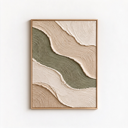 Wavy Sage Green & Beige Sand River 3D Textured Wall Art – Abstract Fluted Wave Impasto Canvas Art for Living Room, Modern Wabi-Sabi Wall Decor TEXVAS | Textured Canvas Art