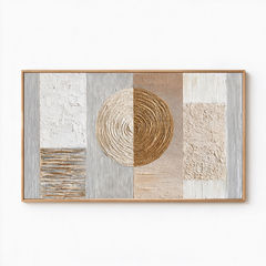 Celestial Harmony – Hand-Painted 3D Gold & Beige Geometric Circle Textured Canvas Wall Art | Modern Wabi-Sabi Framed Artwork TEXVAS | Textured Canvas Art