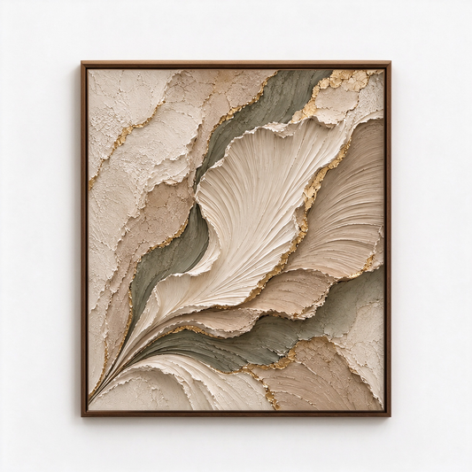 Botanical Elegance – Hand-Painted 3D Sage Green & Gold Leaf Sculpted Petal Relief Canvas Wall Art | Vertical Modern Organic Framed Artwork TEXVAS | Textured Canvas Art