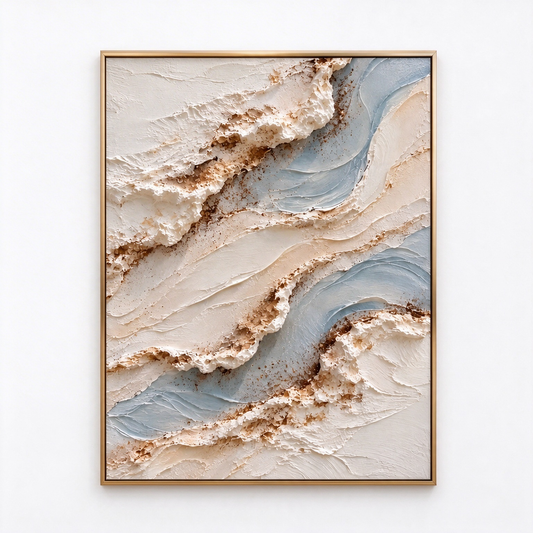 Ocean Foam & Glacier Wave 3D Textured Wall Art – Soft Sky Blue, Ivory & Gold Sand Impasto Canvas Painting, Modern Coastal Wabi-Sabi Wall Decor TEXVAS | Textured Canvas Art