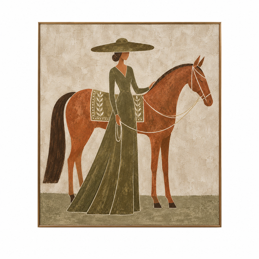 Hand-Painted Minimalist Horse & Lady Oil Painting – Modern Equestrian Wall Art, Earthy Neutral Canvas Art for Living Room, Bedroom & Office Decor TEXVAS | Textured Canvas Art