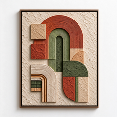 Arcadian Arches – Hand-Painted 3D Terracotta & Olive Green Geometric Arch Relief Canvas Wall Art | Vertical Mid-Century Modern Framed Artwork TEXVAS | Textured Canvas Art