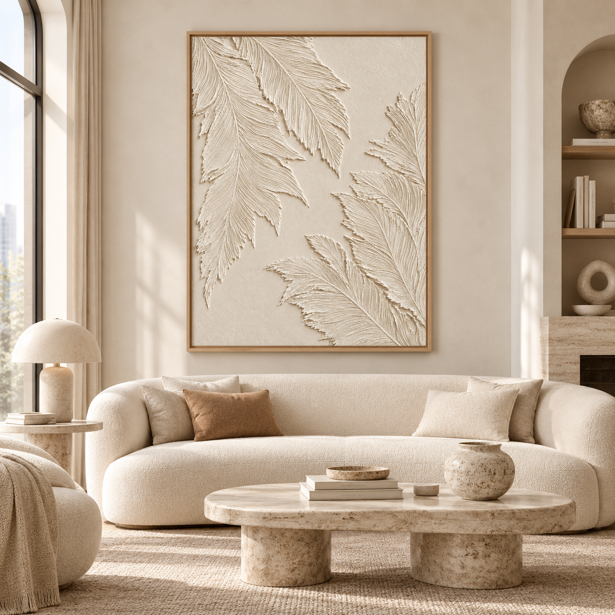 Large Vertical 3D Textured Cream Canvas Wall Art – Hand-Painted White Palm Leaf Plaster Relief Oil Painting, Modern Wabi-Sabi Botanical Impasto Artwork for Entryway & Bedroom Decor TEXVAS | Textured Canvas Art