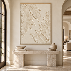 Large Vertical 3D Textured Cream Canvas Wall Art – Hand-Painted White Palm Leaf Plaster Relief Oil Painting, Modern Wabi-Sabi Botanical Impasto Artwork for Entryway & Bedroom Decor TEXVAS | Textured Canvas Art