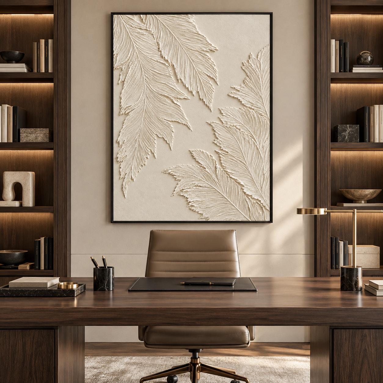 Large Vertical 3D Textured Cream Canvas Wall Art – Hand-Painted White Palm Leaf Plaster Relief Oil Painting, Modern Wabi-Sabi Botanical Impasto Artwork for Entryway & Bedroom Decor TEXVAS | Textured Canvas Art