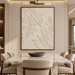 Large Vertical 3D Textured Cream Canvas Wall Art – Hand-Painted White Palm Leaf Plaster Relief Oil Painting, Modern Wabi-Sabi Botanical Impasto Artwork for Entryway & Bedroom Decor TEXVAS | Textured Canvas Art