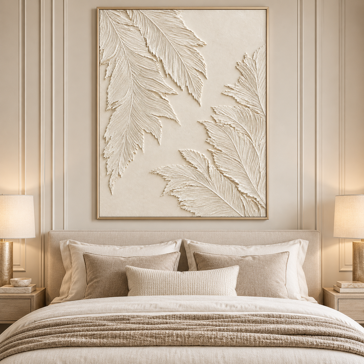 Large Vertical 3D Textured Cream Canvas Wall Art – Hand-Painted White Palm Leaf Plaster Relief Oil Painting, Modern Wabi-Sabi Botanical Impasto Artwork for Entryway & Bedroom Decor TEXVAS | Textured Canvas Art