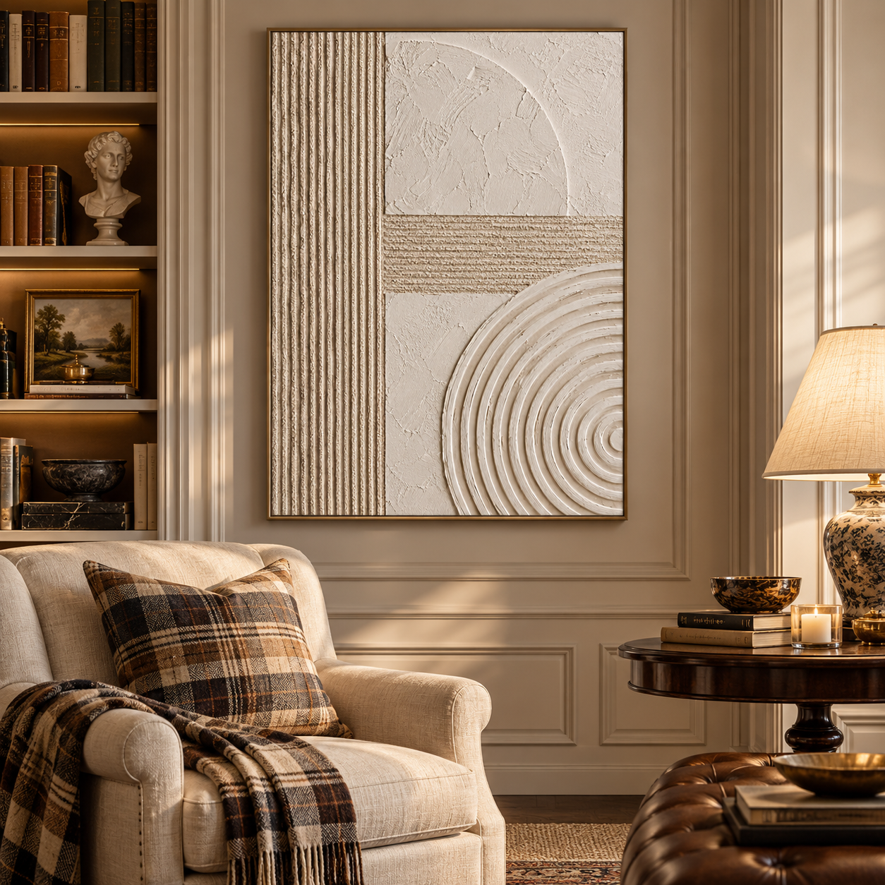 Geometric Balance – Hand-Painted 3D Beige & Ivory Geometric Relief Textured Canvas Wall Art | Vertical Minimalist Wabi-Sabi Framed Artwork TEXVAS | Textured Canvas Art