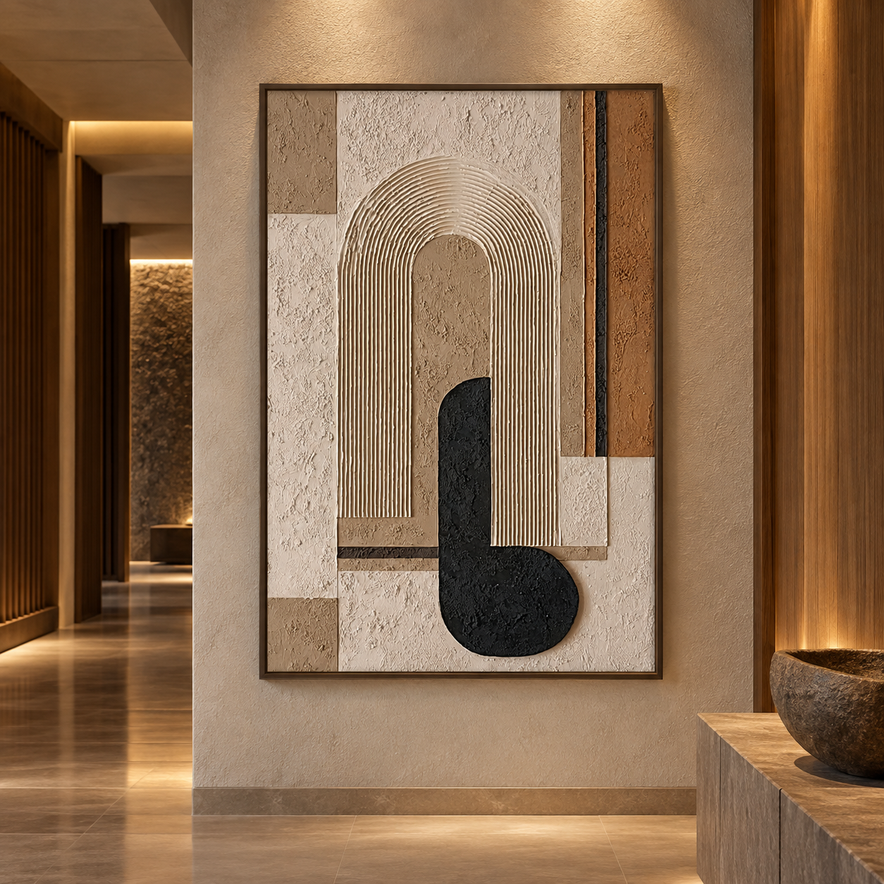 Arch & Silhouette – Hand-Painted 3D Neutral & Black Geometric Arch Relief Canvas Wall Art | Vertical Modern Wabi-Sabi Framed Artwork TEXVAS | Textured Canvas Art