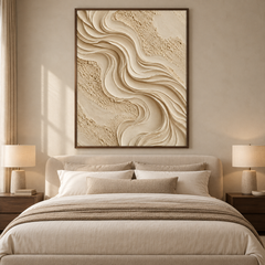Large Vertical 3D Textured Minimalist Canvas Wall Art – Hand-Painted Cream Wave & Travertine Plaster Relief Oil Painting, Modern Wabi-Sabi Sand Dune Impasto Artwork for Entryway & Bedroom Decor TEXVAS | Textured Canvas Art