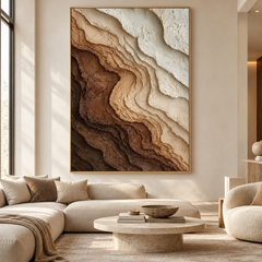 Large Vertical 3D Textured Brown and Beige Canvas Wall Art – Hand-Painted Earthy Canyon Strata Plaster Oil Painting, Modern Wabi-Sabi Gradient Impasto Artwork for Entryway & Bedroom Decor TEXVAS | Textured Canvas Art