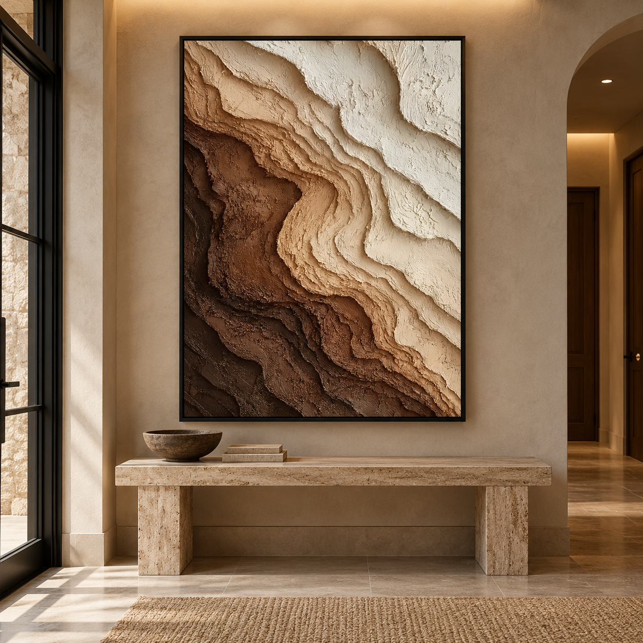 Large Vertical 3D Textured Brown and Beige Canvas Wall Art – Hand-Painted Earthy Canyon Strata Plaster Oil Painting, Modern Wabi-Sabi Gradient Impasto Artwork for Entryway & Bedroom Decor TEXVAS | Textured Canvas Art