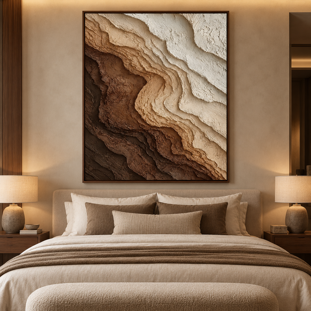 Large Vertical 3D Textured Brown and Beige Canvas Wall Art – Hand-Painted Earthy Canyon Strata Plaster Oil Painting, Modern Wabi-Sabi Gradient Impasto Artwork for Entryway & Bedroom Decor TEXVAS | Textured Canvas Art