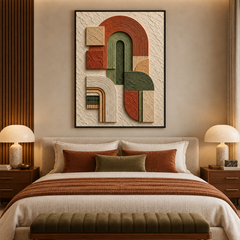 Arcadian Arches – Hand-Painted 3D Terracotta & Olive Green Geometric Arch Relief Canvas Wall Art | Vertical Mid-Century Modern Framed Artwork TEXVAS | Textured Canvas Art