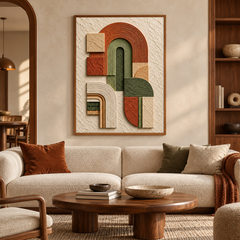 Arcadian Arches – Hand-Painted 3D Terracotta & Olive Green Geometric Arch Relief Canvas Wall Art | Vertical Mid-Century Modern Framed Artwork TEXVAS | Textured Canvas Art