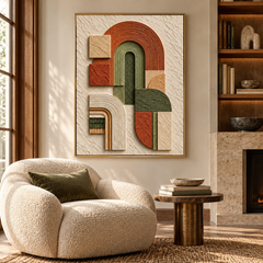 Arcadian Arches – Hand-Painted 3D Terracotta & Olive Green Geometric Arch Relief Canvas Wall Art | Vertical Mid-Century Modern Framed Artwork TEXVAS | Textured Canvas Art