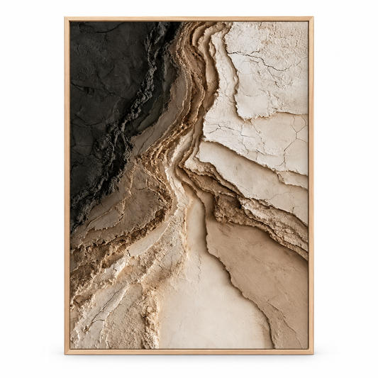 Large Vertical 3D Textured Black and Cream Canvas Wall Art – Hand-Painted Canyon Rock Strata Plaster Oil Painting with Crackle Effect, Modern Wabi-Sabi Impasto Artwork for Entryway & Bedroom Decor TEXVAS | Textured Canvas Art