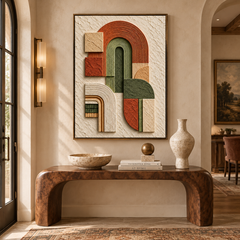 Arcadian Arches – Hand-Painted 3D Terracotta & Olive Green Geometric Arch Relief Canvas Wall Art | Vertical Mid-Century Modern Framed Artwork TEXVAS | Textured Canvas Art