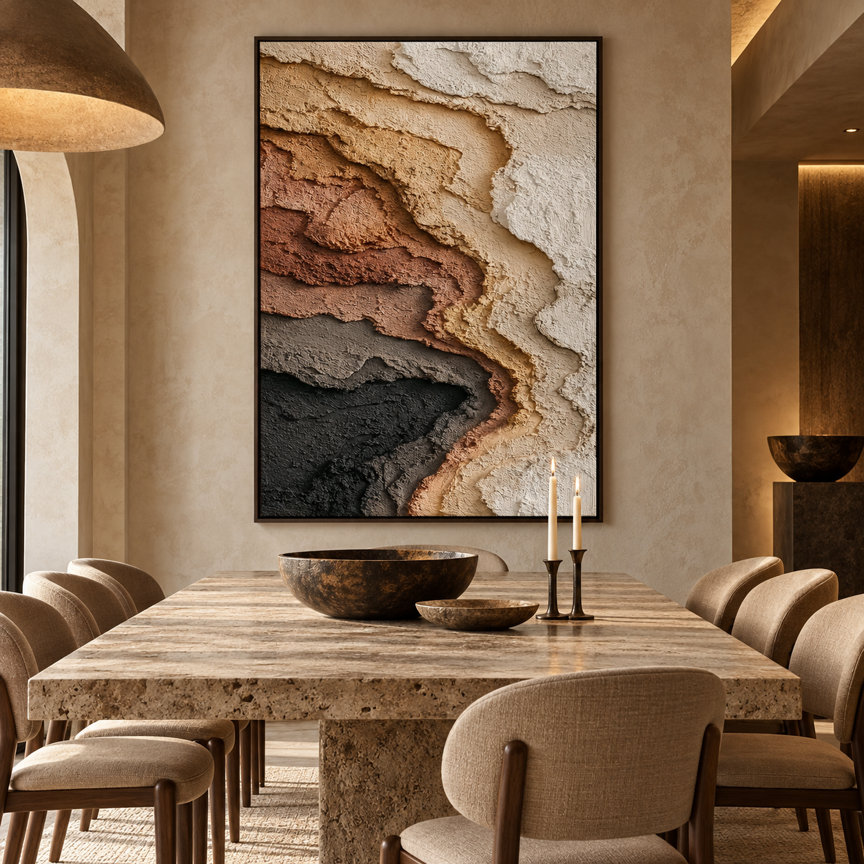Large Vertical 3D Textured Terracotta and Black Canvas Wall Art – Hand-Painted Canyon Rock Strata Plaster Oil Painting, Modern Wabi-Sabi Earthy Impasto Artwork for Entryway & Living Room Decor TEXVAS | Textured Canvas Art
