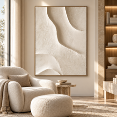 Serenity Waves – Hand-Painted 3D Cream & Beige Organic Wave Relief Canvas Wall Art | Vertical Minimalist Wabi-Sabi Framed Artwork TEXVAS | Textured Canvas Art