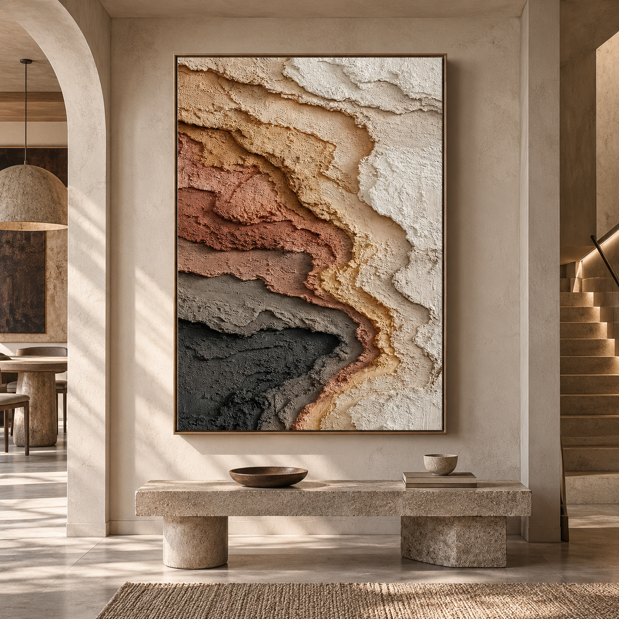 Large Vertical 3D Textured Terracotta and Black Canvas Wall Art – Hand-Painted Canyon Rock Strata Plaster Oil Painting, Modern Wabi-Sabi Earthy Impasto Artwork for Entryway & Living Room Decor TEXVAS | Textured Canvas Art