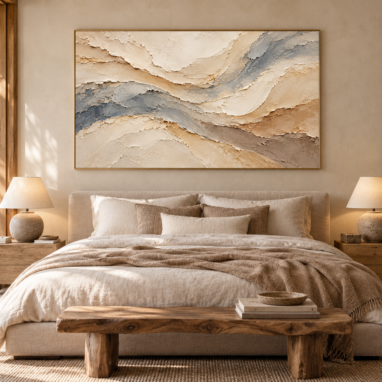 Serene River Currents 3D Textured Wall Art – Slate Blue, Sand Beige & Cream Heavy Impasto Canvas Painting, Large Horizontal Wabi-Sabi Wall Decor TEXVAS | Textured Canvas Art