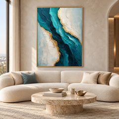Large Vertical 3D Textured Teal Blue Canvas Wall Art – Hand-Painted Ocean River Oil Painting with Gold Leaf Accents, Modern Abstract Turquoise Impasto Artwork for Entryway & Living Room Decor TEXVAS | Textured Canvas Art