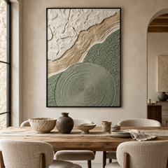 Zen Topography – Hand-Painted 3D Sage Green & Beige Relief Canvas Wall Art | Vertical Minimalist Wabi-Sabi Framed Artwork TEXVAS | Textured Canvas Art