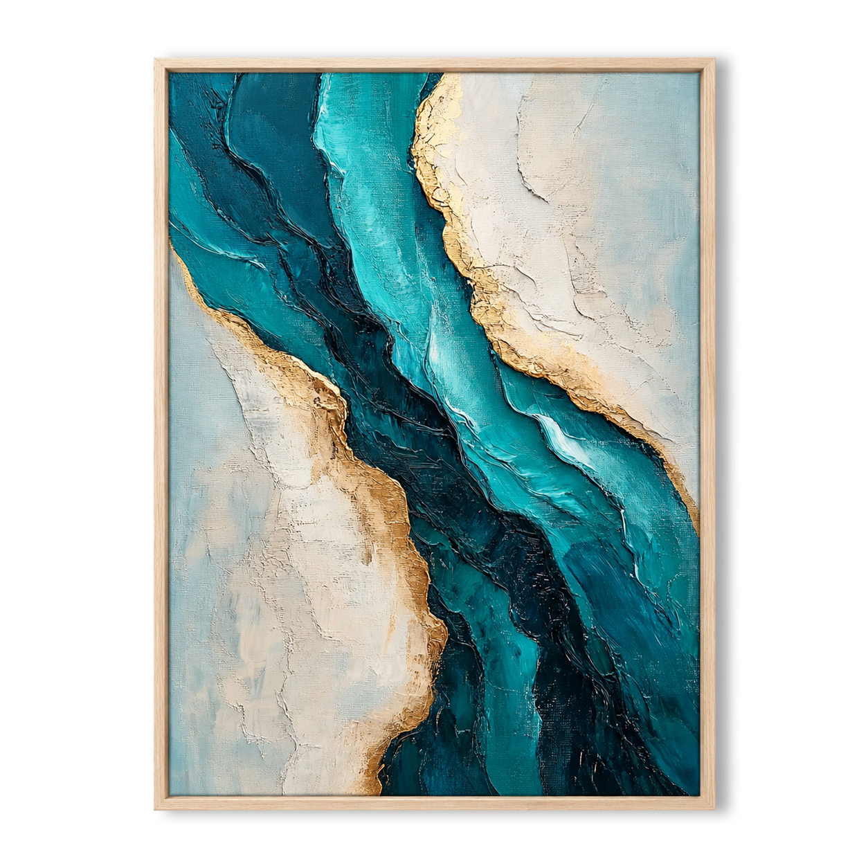 Large Vertical 3D Textured Teal Blue Canvas Wall Art – Hand-Painted Ocean River Oil Painting with Gold Leaf Accents, Modern Abstract Turquoise Impasto Artwork for Entryway & Living Room Decor TEXVAS | Textured Canvas Art