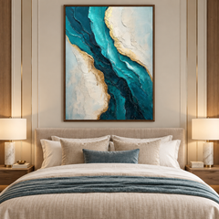 Large Vertical 3D Textured Teal Blue Canvas Wall Art – Hand-Painted Ocean River Oil Painting with Gold Leaf Accents, Modern Abstract Turquoise Impasto Artwork for Entryway & Living Room Decor TEXVAS | Textured Canvas Art