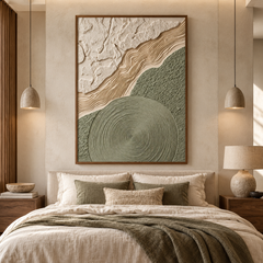 Zen Topography – Hand-Painted 3D Sage Green & Beige Relief Canvas Wall Art | Vertical Minimalist Wabi-Sabi Framed Artwork TEXVAS | Textured Canvas Art