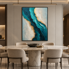 Large Vertical 3D Textured Teal Blue Canvas Wall Art – Hand-Painted Ocean River Oil Painting with Gold Leaf Accents, Modern Abstract Turquoise Impasto Artwork for Entryway & Living Room Decor TEXVAS | Textured Canvas Art