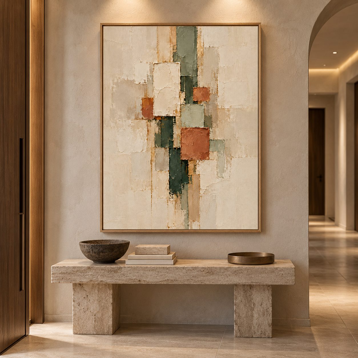 Large Vertical 3D Textured Geometric Canvas Wall Art – Hand-Painted Terracotta & Sage Green Block Plaster Oil Painting, Mid-Century Modern Abstract Palette Knife Impasto Art with Gold Accents for Entryway & Bedroom Decor TEXVAS | Textured Canvas Art