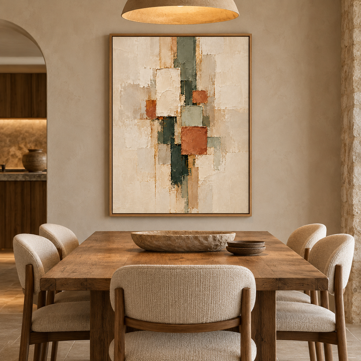 Large Vertical 3D Textured Geometric Canvas Wall Art – Hand-Painted Terracotta & Sage Green Block Plaster Oil Painting, Mid-Century Modern Abstract Palette Knife Impasto Art with Gold Accents for Entryway & Bedroom Decor TEXVAS | Textured Canvas Art