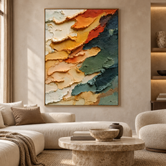 Large Vertical 3D Textured Vibrant Canvas Wall Art – Hand-Painted Orange, Sage Green & Ochre Sunset Mountain Plaster Oil Painting, Modern Abstract Palette Knife Impasto Art for Entryway & Bedroom Decor TEXVAS | Textured Canvas Art