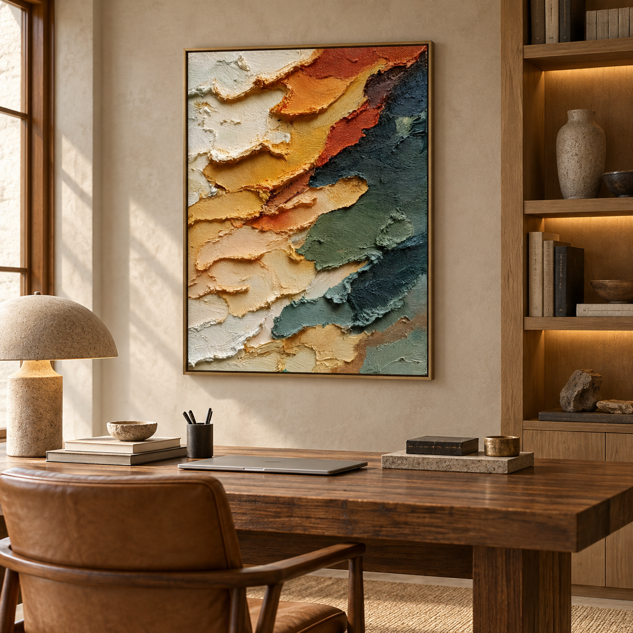 Large Vertical 3D Textured Vibrant Canvas Wall Art – Hand-Painted Orange, Sage Green & Ochre Sunset Mountain Plaster Oil Painting, Modern Abstract Palette Knife Impasto Art for Entryway & Bedroom Decor TEXVAS | Textured Canvas Art