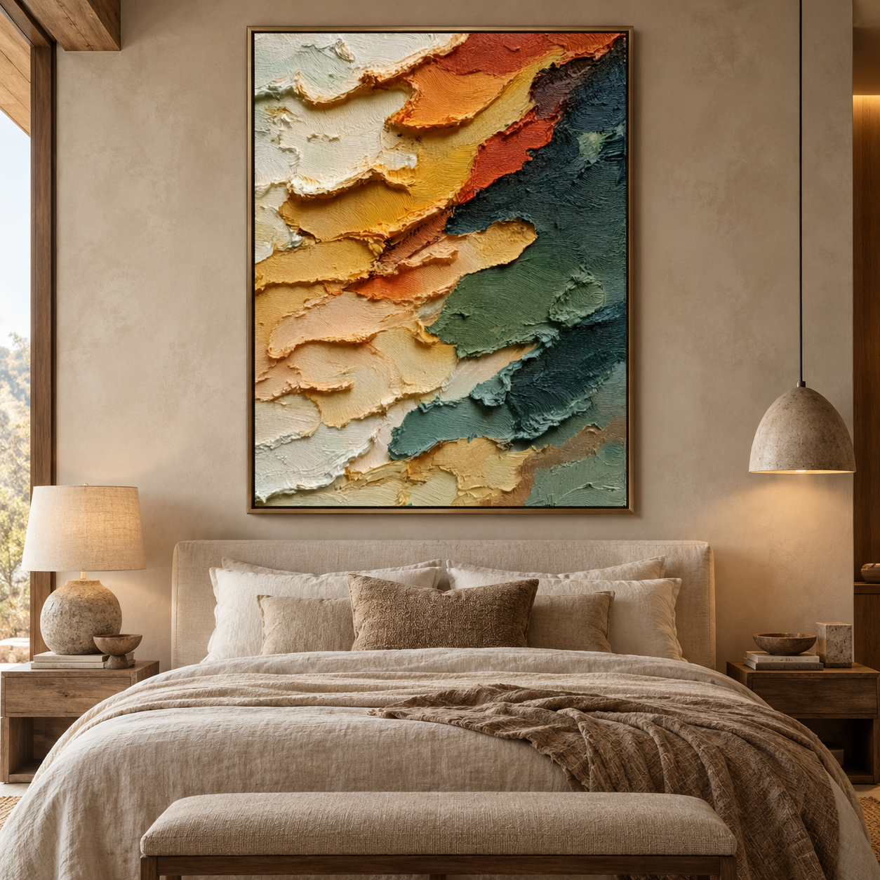 Large Vertical 3D Textured Vibrant Canvas Wall Art – Hand-Painted Orange, Sage Green & Ochre Sunset Mountain Plaster Oil Painting, Modern Abstract Palette Knife Impasto Art for Entryway & Bedroom Decor TEXVAS | Textured Canvas Art