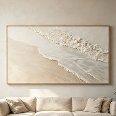 Minimalist Coastal Calm 3D Texture Art – Hand-Painted White Sand & Waves (Abstract Seascape Horizontal Wall Decor)