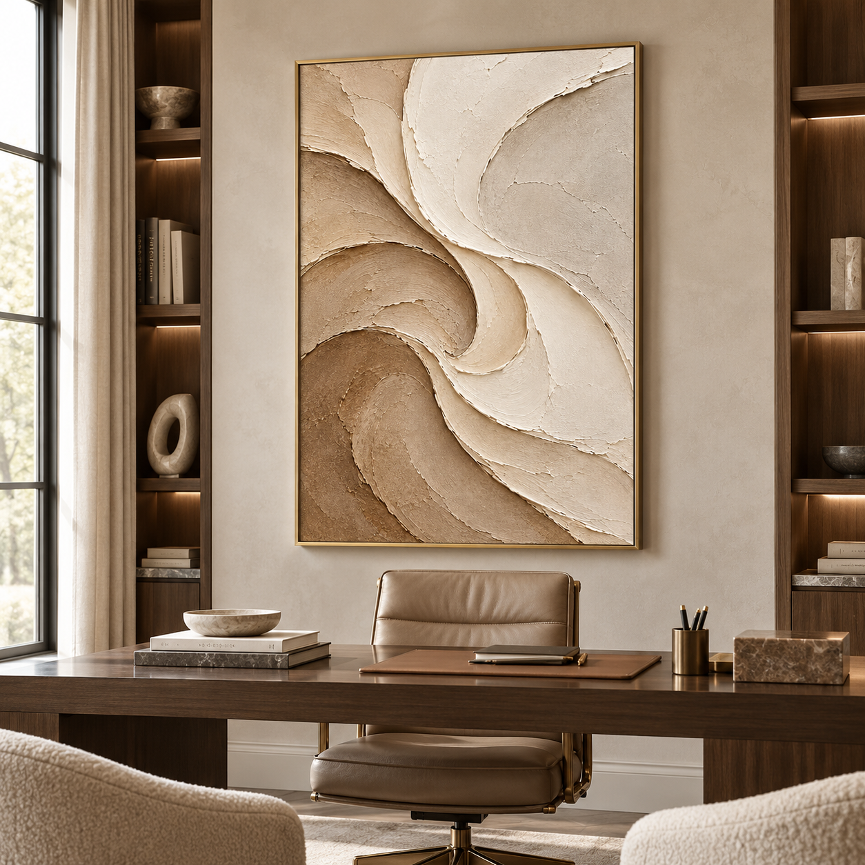 Large Vertical 3D Textured Neutral Canvas Wall Art – Hand-Painted Cream & Earth Tone Swirl Wave Plaster Oil Painting, Modern Wabi-Sabi Sand Dune Petal Palette Knife Art for Entryway & Bedroom Decor TEXVAS | Textured Canvas Art
