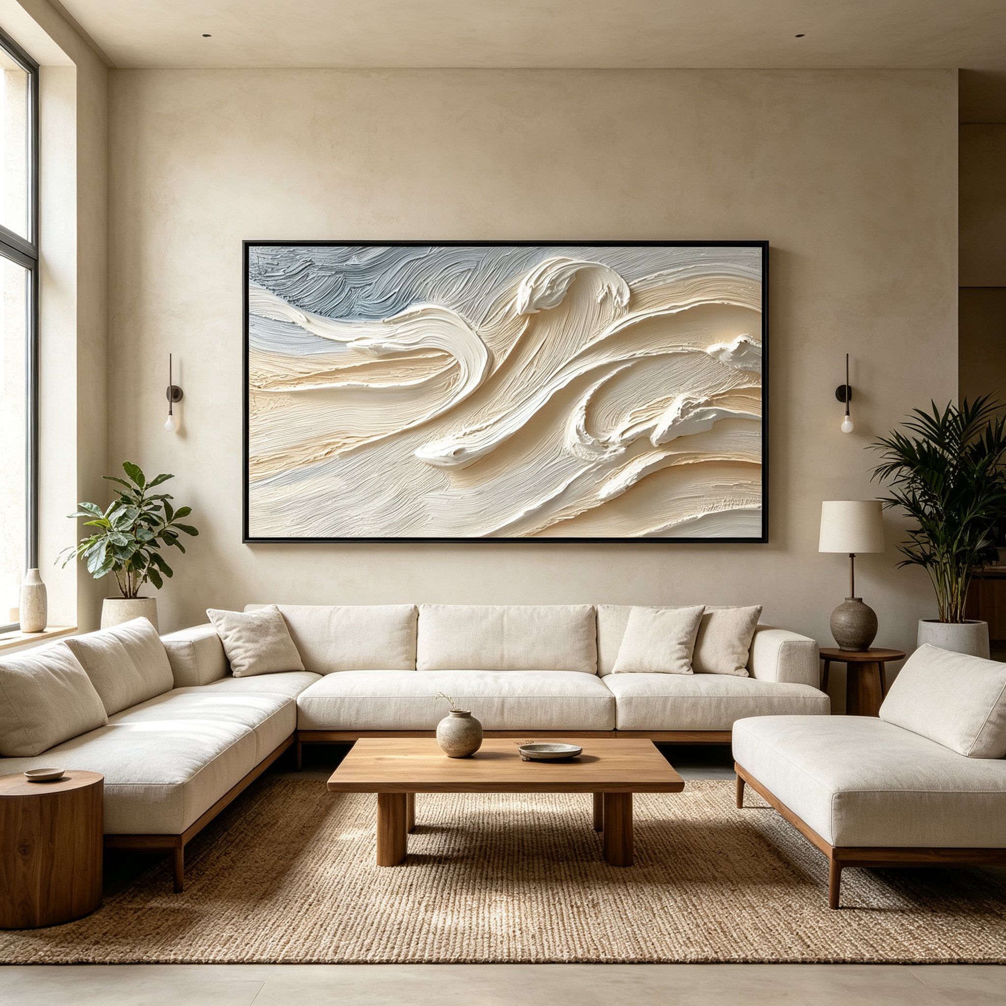 Modern Cream 3D Textured Wave Wall Decor – Large Horizontal Hand-Painted Oil Painting for Living Room & Bedroom TEXVAS | 100% Hand-Painted Textured & Impasto Wall Art