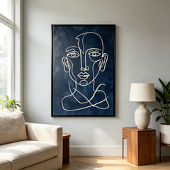 "Midnight Contemplation" – Abstract Minimalist Continuous Line Portrait Canvas Art (Deep Navy Textured Background)